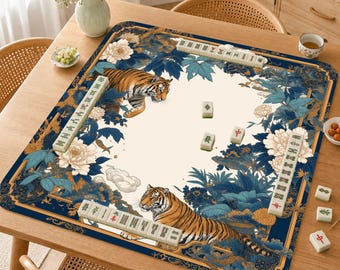 Tiger Peony Mahjong Mat, Blue Chinoiserie Mah Jongg Mat, Oriental Tiger Game Table Mat, Luxury Mahjong Gift