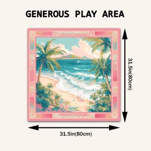May include: A square play mat featuring a tropical beach scene with palm trees, ocean waves, and a distant mountain. The border is pink with a geometric pattern. Text reads GENEROUS PLAY AREA. Dimensions are 80 cm by 80 cm.