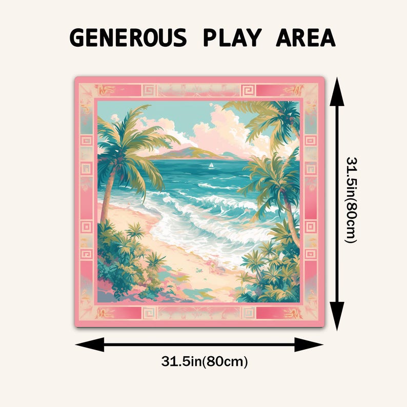 May include: A square play mat featuring a tropical beach scene with palm trees, ocean waves, and a distant mountain. The border is pink with a geometric pattern. Text reads GENEROUS PLAY AREA. Dimensions are 80 cm by 80 cm.