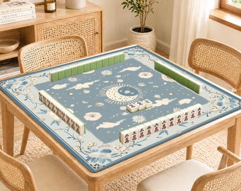 Celestial Sky Mah Jongg-tafelblad met maan en zon, blauwe bloemen antislip oprolbare mahjong-spelmat, cadeau voor spelers