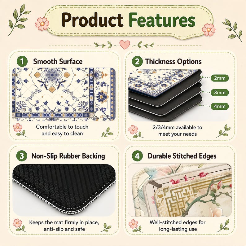 May include: An image showcasing product features of a mat. The mat has a smooth surface, thickness options of 2mm, 3mm, and 4mm, non-slip rubber backing, and durable stitched edges. The text on the image says "Product Features".