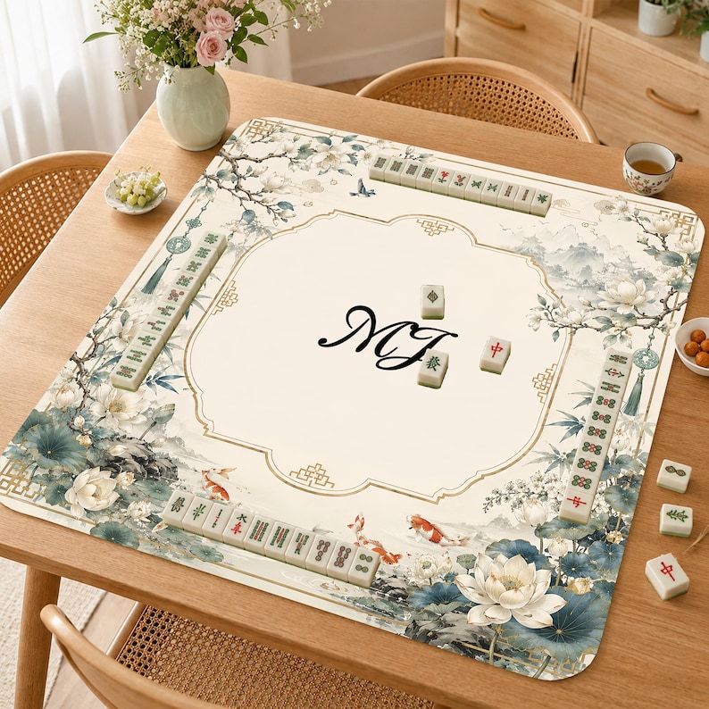 May include: A square mahjong mat featuring a cream-colored center with the black letters MJ, surrounded by a border of blue and white lotus flowers, koi fish, and mountains. The mat includes several mahjong tiles arranged along the edges.