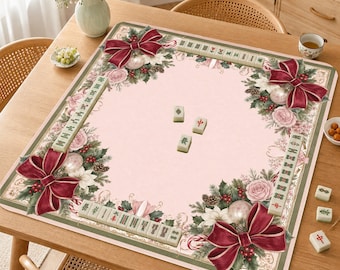 Christmas Mahjong Mat, Burgundy Bow American Mah Jongg Mat, Pink Holiday Floral Game Mat, Elegant Mahjong Gift