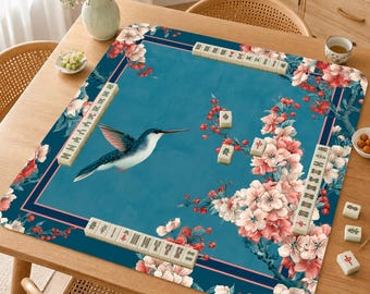 Mahjongmat kolibriebloesem, groenblauw bloemen Mah Jongg-mat, kersenbloesem speeltafelmat, Mahjong-cadeau vogelliefhebber