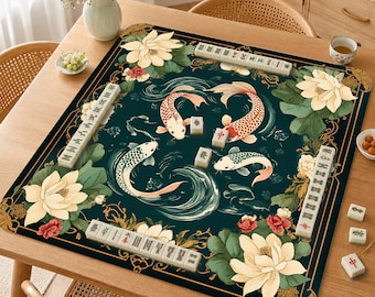 Mahjong Mat, Dark Green Chinoiserie Mah Jongg Table Mat, Elegant Asian Floral Game Mat, Gift for Mahjong Lovers,Koi Fish Lotus