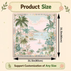 May include: A square decorative item with a tropical landscape design, featuring palm trees, a bay with sailboats, and a pink and blue color scheme. The item measures 31.5 inches (80cm) on each side. The text "Product Size" and "Support Customization of Any Size" are also visible.
