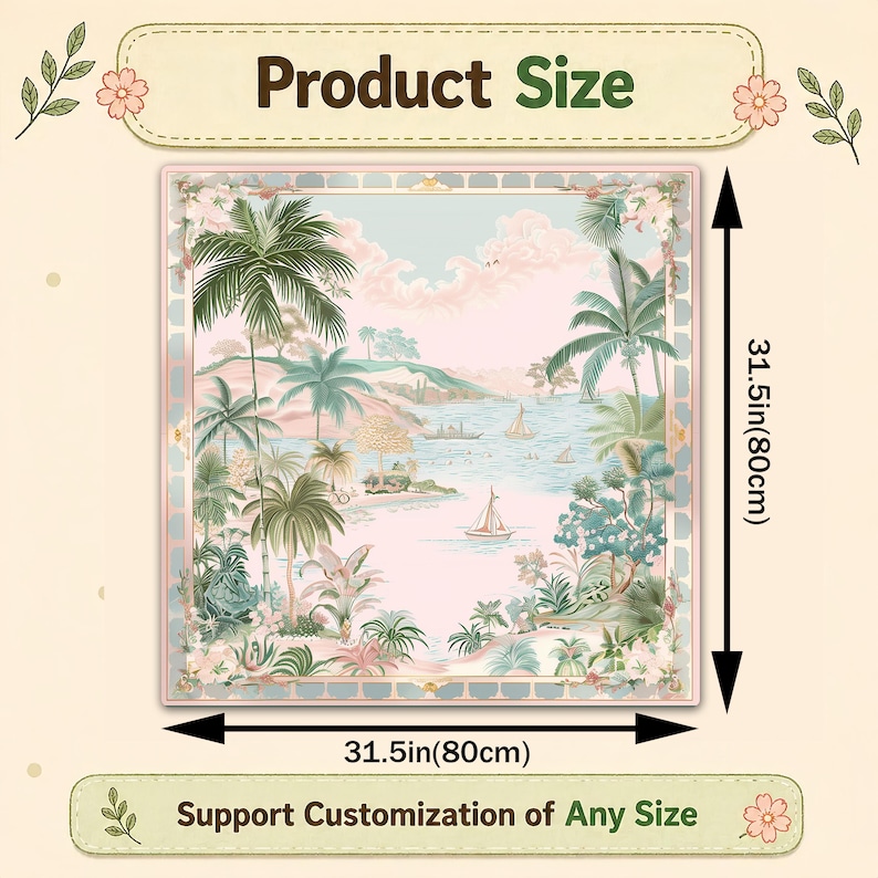 May include: A square decorative item with a tropical landscape design, featuring palm trees, a bay with sailboats, and a pink and blue color scheme. The item measures 31.5 inches (80cm) on each side. The text "Product Size" and "Support Customization of Any Size" are also visible.