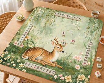 Tapis de mahjong jardin cerf, tapis de jeu forêt fantaisiste, housse de table mah-jong fleurs sauvages, décoration cerf Cottagecore