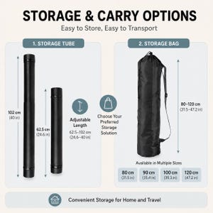 May include: A black adjustable storage tube with lengths from 24.6 to 40 inches and a black storage bag with an adjustable strap. The graphic displays storage and carry options with text labels and dimensions in inches and centimeters.