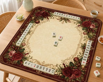 Christmas Mahjong Mat,Burgundy Rose American Mah Jongg Mat, Holiday Floral Game Mat, Victorian Christmas