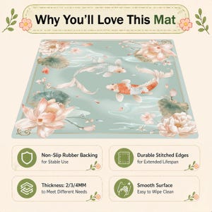 May include: A rectangular mat with a serene design featuring koi fish, lotus flowers, and water elements in shades of blue, pink, and white. The mat has the text "Why You'll Love This Mat". It has a non-slip rubber backing, durable stitched edges, and a smooth surface.