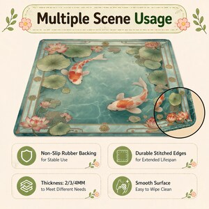 May include: Rectangular mat with a koi pond design. The mat features a teal background with koi fish, lotus flowers, and lily pads. The text "Multiple Scene Usage" is at the top. The mat has non-slip rubber backing, durable stitched edges, and a smooth surface.