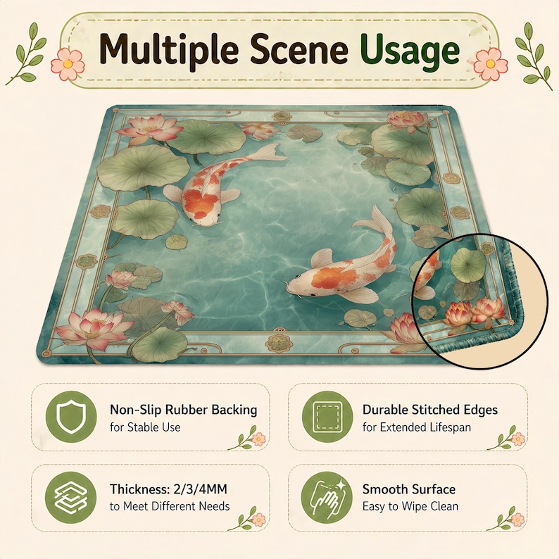 May include: Rectangular mat with a koi pond design. The mat features a teal background with koi fish, lotus flowers, and lily pads. The text "Multiple Scene Usage" is at the top. The mat has non-slip rubber backing, durable stitched edges, and a smooth surface.