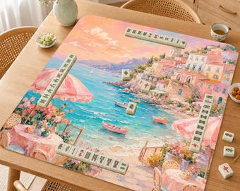 Mahjong Mat, Mediterranean Coastal Town Game Mat,Pastel Sunset Seaside