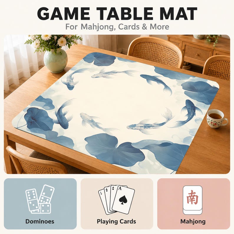 May include: A square game table mat featuring a cream-colored background with a pattern of blue koi fish and large blue lily pads. The text GAME TABLE MAT For Mahjong, Cards & More is at the top, with icons for dominoes, cards, and mahjong below.