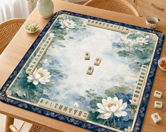 Mahjong Mat,Elegant Lotus Mahjong Mat, Blue Floral Mah Jongg Mat, Peaceful Pond Mahjong Accessories Gift