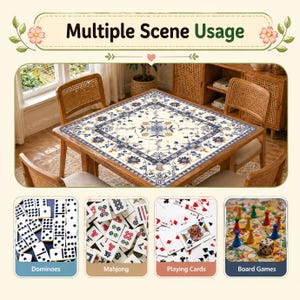 May include: A wooden table with a floral patterned top, surrounded by wicker chairs. The image includes smaller images of dominoes, mahjong tiles, playing cards, and board games, with the text "Multiple Scene Usage".