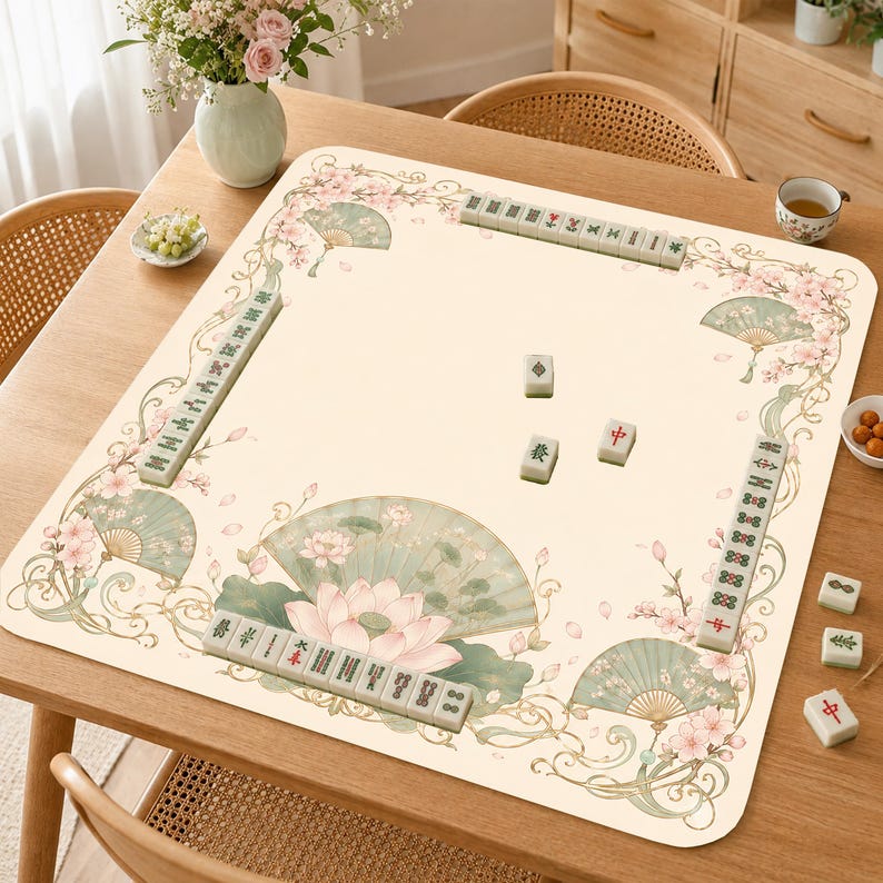 Puede incluir: Un tapete de mahjong cuadrado con fondo crema que presenta un estampado decorativo de flores de loto rosas, hojas verdes y abanicos plegables. El tapete est&aacute; dispuesto con filas de fichas de mahjong rectangulares en los bordes y tres fichas.