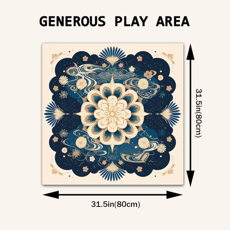 May include: A square play mat featuring a central cream-colored mandala design surrounded by dark blue floral and wave patterns. The text "GENEROUS PLAY AREA" is printed above. Arrows indicate dimensions of 31.5 inches by 31.5 inches on all sides.