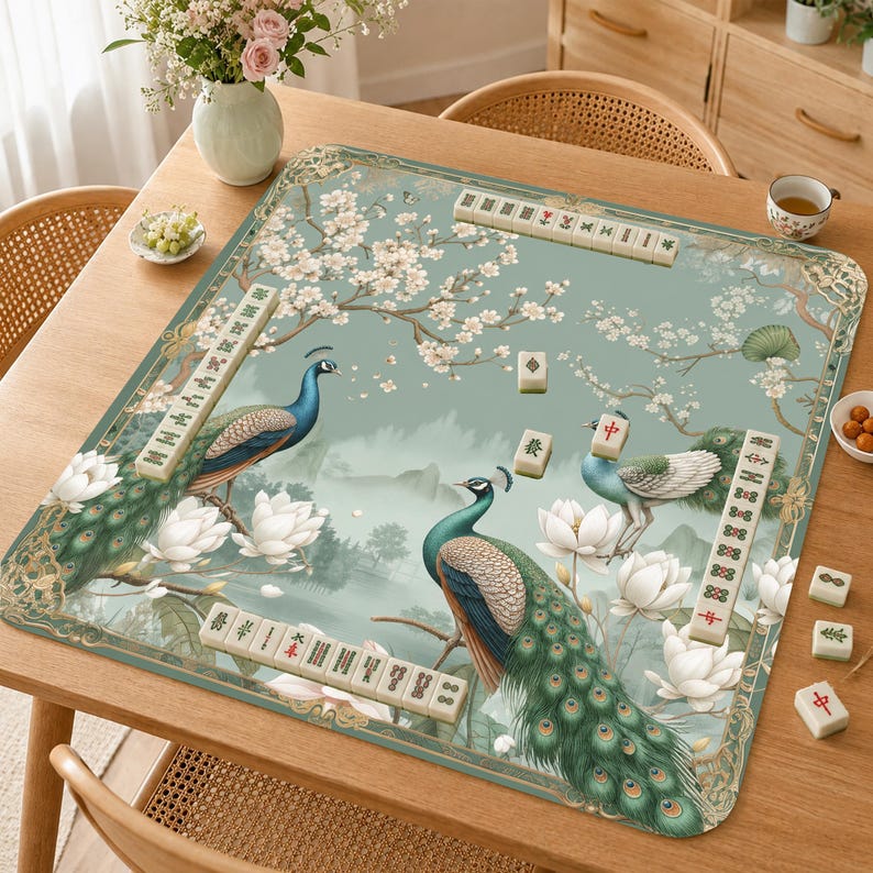 May include: A square mahjong mat featuring a light green background with illustrations of two peacocks, white lotus flowers, and cherry blossom branches. The mat is bordered by gold-toned decorative patterns and includes several mahjong tiles.