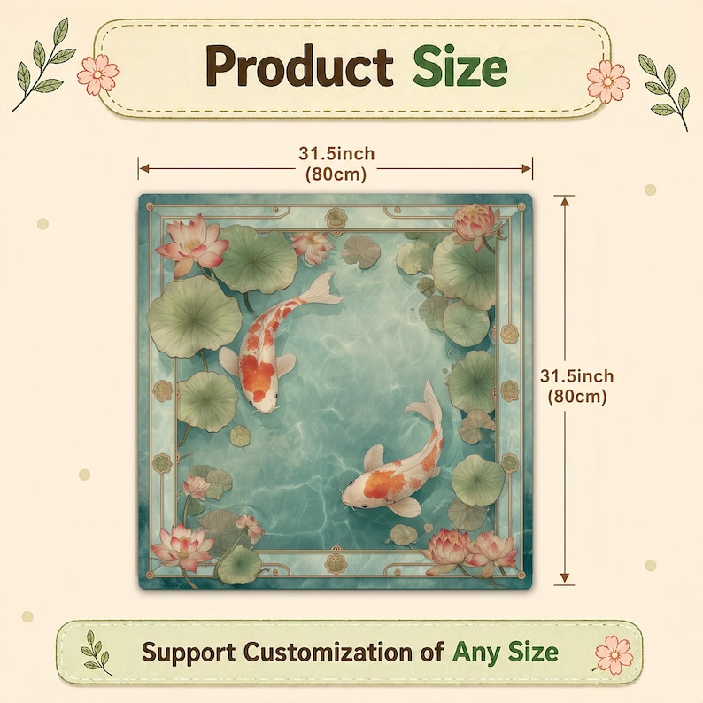 May include: Square decorative item with a koi pond design. The image features two orange and white koi fish swimming in a teal pond with lily pads and lotus flowers. The item measures 31.5 inches (80cm) on each side. Text reads "Product Size" and "Support Customization of Any Size."