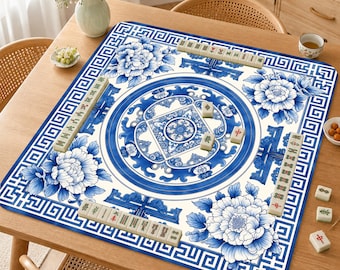 Tapis de mahjong chinois bleu et blanc, tapis de Mahjong en porcelaine pivoine, tapis de table de jeu inspiré de la céramique chinoise, cadeau de mahjong élégant