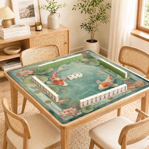 May include: A wooden mahjong table with a teal playing surface featuring koi fish and lotus flowers. Green and white mahjong tiles are arranged on the table, ready for play. The table is surrounded by four rattan chairs.