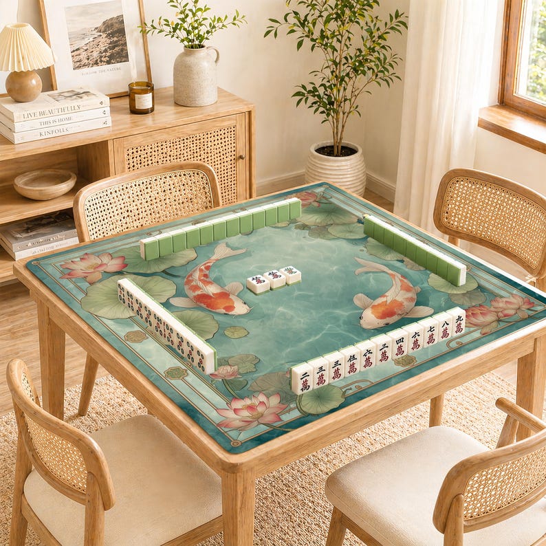 May include: A wooden mahjong table with a teal playing surface featuring koi fish and lotus flowers. Green and white mahjong tiles are arranged on the table, ready for play. The table is surrounded by four rattan chairs.