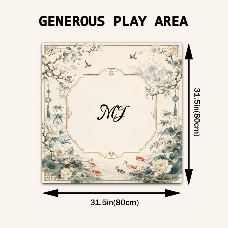 May include: A square play mat featuring a cream background with a decorative border, floral motifs, and koi fish. The center displays the letters MJ. Text at the top reads GENEROUS PLAY AREA. Arrows indicate dimensions of 31.5 inches by 31.5 inches.