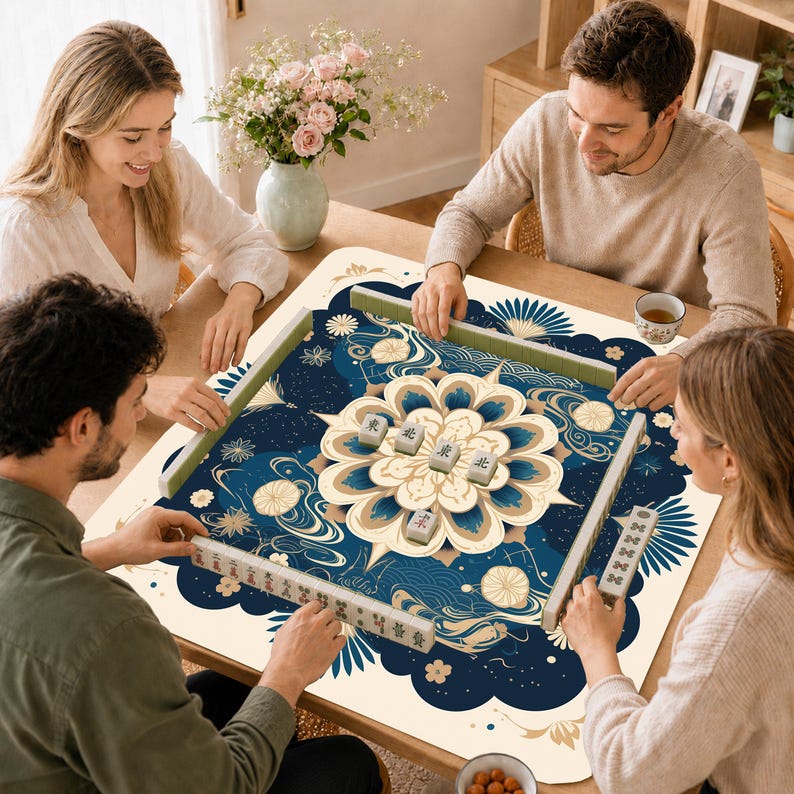 Mahjong Mat, Navy Blue Mandala Mah Jongg Mat, Oriental Floral Game Table Mat, Luxury Mahjong Gift,Art Deco Lotus image 4
