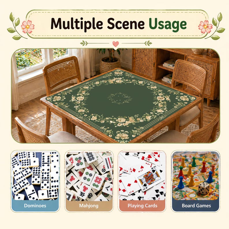 May include: A square, wooden table with a green floral tablecloth. The image shows the table set up for games, with examples of dominoes, mahjong, playing cards, and board games. The text at the top reads "Multiple Scene Usage."