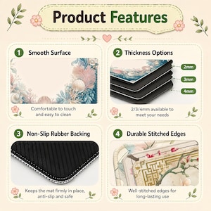 May include: A product features graphic with four sections. The sections highlight a smooth surface, thickness options of 2mm, 3mm, and 4mm, non-slip rubber backing, and durable stitched edges. The product has a design with seashells and coral.