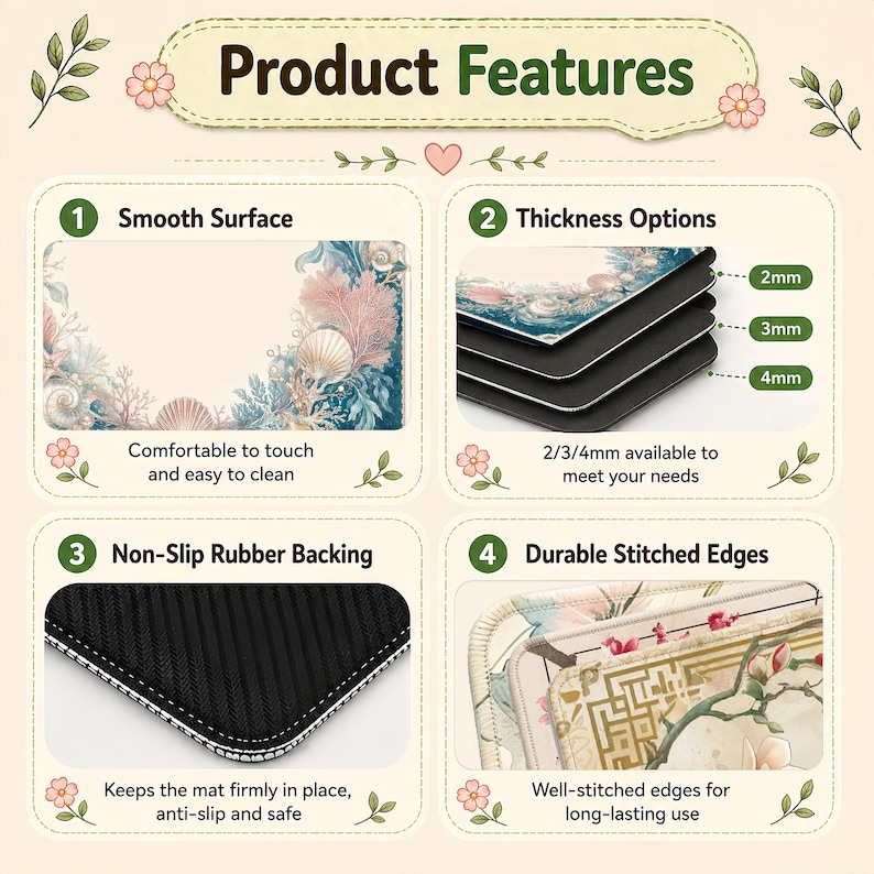 May include: A product features graphic with four sections. The sections highlight a smooth surface, thickness options of 2mm, 3mm, and 4mm, non-slip rubber backing, and durable stitched edges. The product has a design with seashells and coral.
