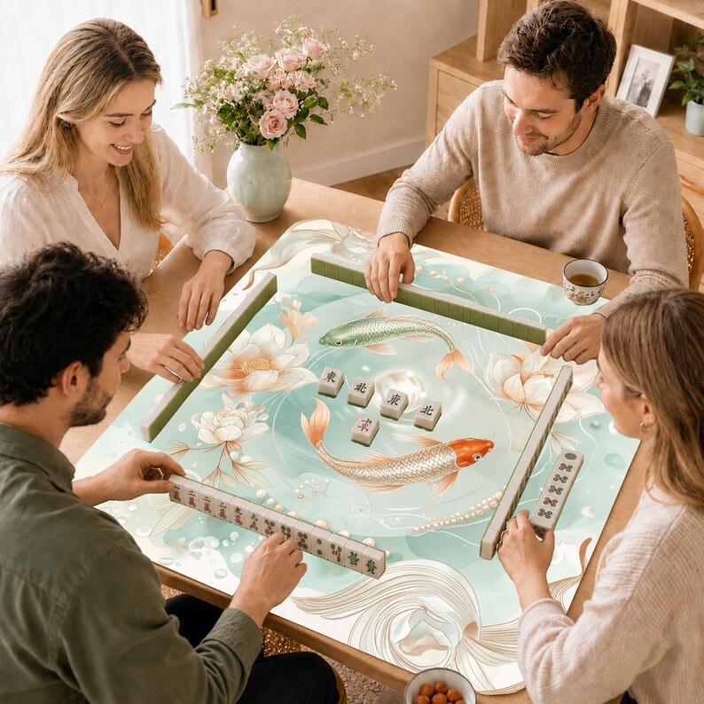 Puede incluir: Un tapete cuadrado para mesa de mahjong con fondo verde claro, decorado con ilustraciones de flores de loto blancas y dos peces koi, uno plateado y otro naranja. El tapete incluye cuatro soportes para fichas y varias fichas de mahjong con caracteres chinos.