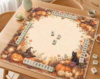 Halloween Cat Mahjong Mat, Pumpkin Floral Mah Jongg Table Mat, Cozy Autumn Game Night Gift,Black Cat Halloween