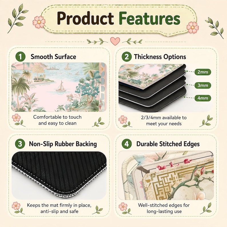 May include: Image showcasing product features: smooth surface, thickness options (2mm, 3mm, 4mm), non-slip rubber backing, and durable stitched edges. The product features a beach scene design and is comfortable to touch and easy to clean.