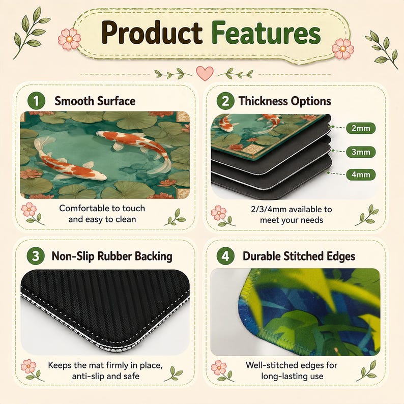 May include: Product features of a decorative mat. The mat has a smooth surface with a koi pond design, available in 2mm, 3mm, and 4mm thicknesses. It features a non-slip rubber backing and durable stitched edges.