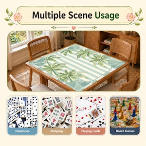 Pode incluir: Uma mesa de madeira com um design de palmeiras no tampo, rodeada por cadeiras de vime. A imagem tamb&eacute;m mostra domin&oacute;s, pe&ccedil;as de mahjong, cartas de jogar e um jogo de tabuleiro, com o texto "Multiple Scene Usage".