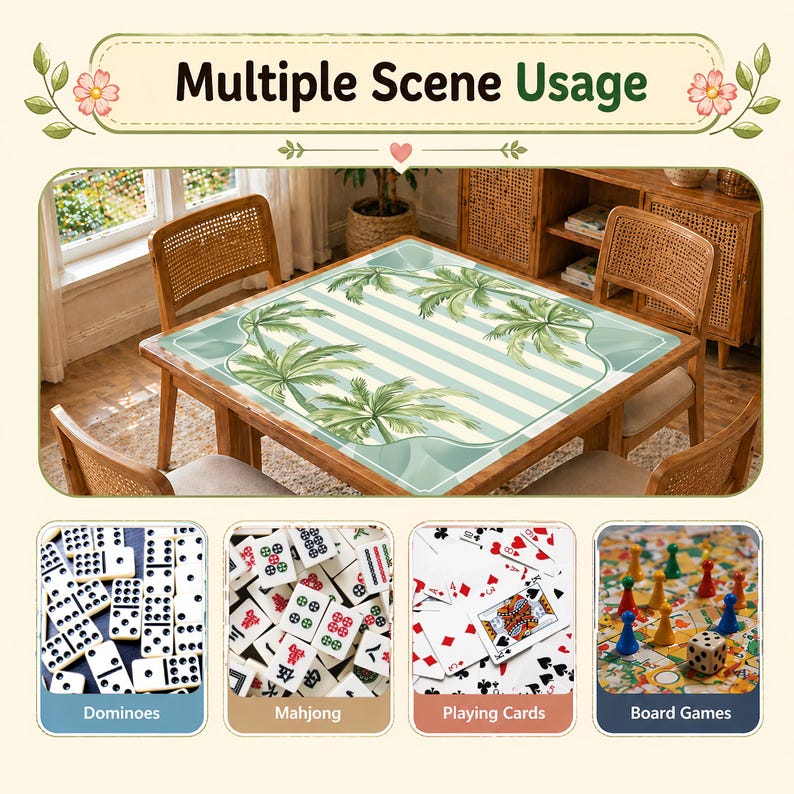 Pode incluir: Uma mesa de madeira com um design de palmeiras no tampo, rodeada por cadeiras de vime. A imagem tamb&eacute;m mostra domin&oacute;s, pe&ccedil;as de mahjong, cartas de jogar e um jogo de tabuleiro, com o texto "Multiple Scene Usage".