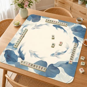 Watercolor Blue Koi Mahjong Mat, Elegant Lotus Leaf Game Mat, Minimalist Oriental Mah Jongg Table Cover image 1