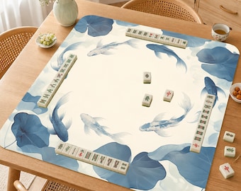 Tapis de mahjong koi bleu aquarelle, élégant tapis de jeu feuille de lotus, housse de table de mah-jong oriental minimaliste
