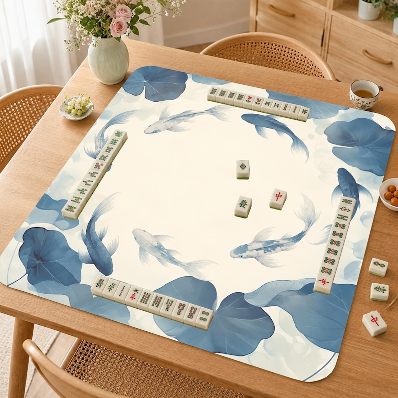 Watercolor Blue Koi Mahjong Mat, Elegant Lotus Leaf Game Mat, Minimalist Oriental Mah Jongg Table Cover image 1