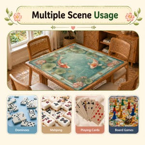 May include: A wooden table with a decorative top featuring koi fish and lily pads. The image also shows dominoes, mahjong tiles, playing cards, and a board game, with the text "Multiple Scene Usage".