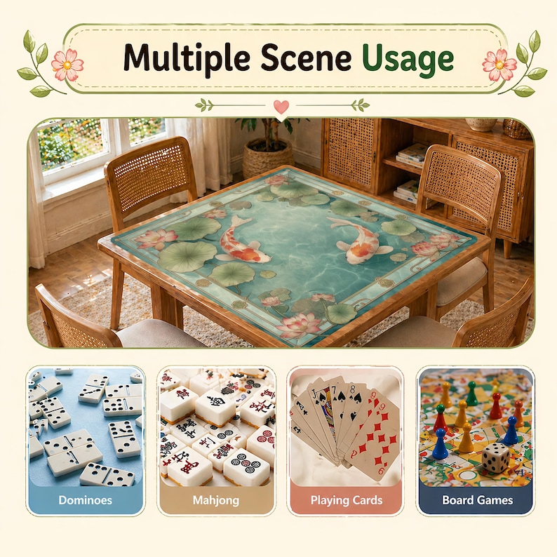 May include: A wooden table with a decorative top featuring koi fish and lily pads. The image also shows dominoes, mahjong tiles, playing cards, and a board game, with the text "Multiple Scene Usage".