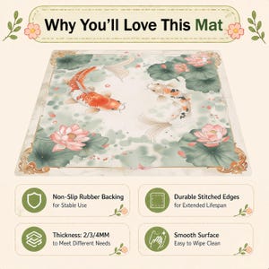 May include: Rectangular mat featuring koi carp and lotus flowers. The mat has a non-slip rubber backing, durable stitched edges, and a smooth surface. The text "Why You'll Love This Mat" is at the top. Thickness options are 2/3/4mm.