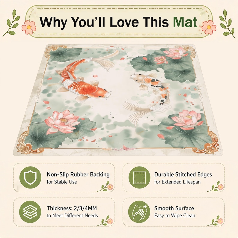 May include: Rectangular mat featuring koi carp and lotus flowers. The mat has a non-slip rubber backing, durable stitched edges, and a smooth surface. The text "Why You'll Love This Mat" is at the top. Thickness options are 2/3/4mm.