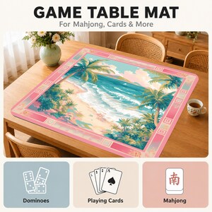 Pink Tropical Beach Mahjong Mat, Coastal Paradise Mah Jongg Mat, Palm Tree Ocean Game Table Mat, Summer Beach Mahjong Gift image 3