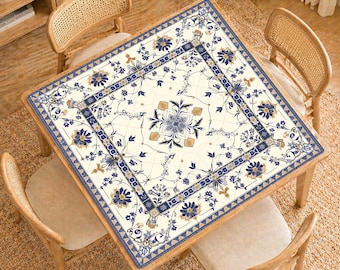 Tapis de jeu de Mah-jong médaillon en porcelaine bleue, couverture de table de mahjong enroulable antidérapante en carrelage vintage, cadeau d'hôtesse élégant