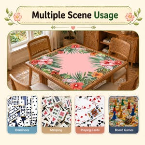 May include: A wooden table with a pink floral tablecloth, surrounded by rattan chairs. The image shows the table being used for dominoes, mahjong, playing cards, and board games. Text reads "Multiple Scene Usage."