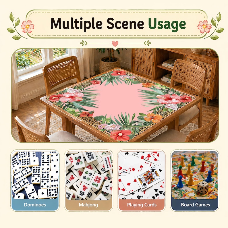 May include: A wooden table with a pink floral tablecloth, surrounded by rattan chairs. The image shows the table being used for dominoes, mahjong, playing cards, and board games. Text reads "Multiple Scene Usage."